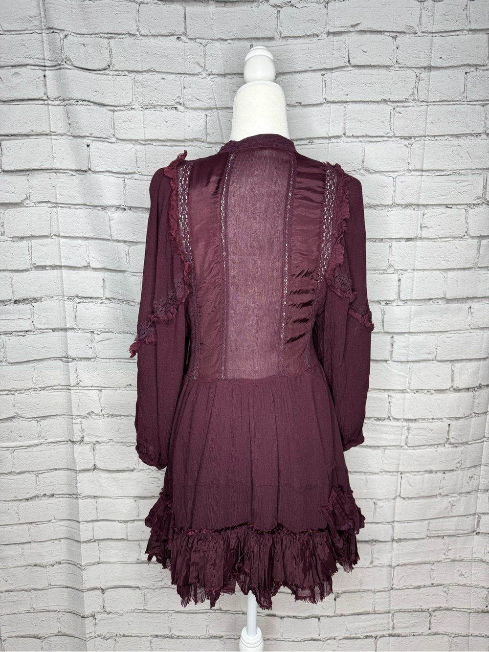 Free People Ambrosia Mini Dress Size M Plum Burgundy Ruffles Boho Cottagecore - Picture 2 of 10
